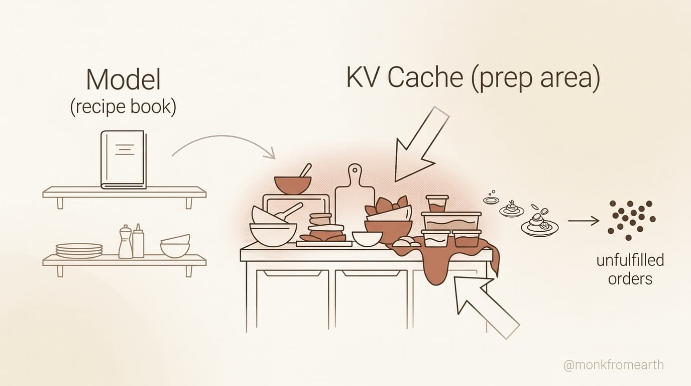 The KV cache bottleneck: the recipe book fits on a shelf, but the prep counter keeps growing
