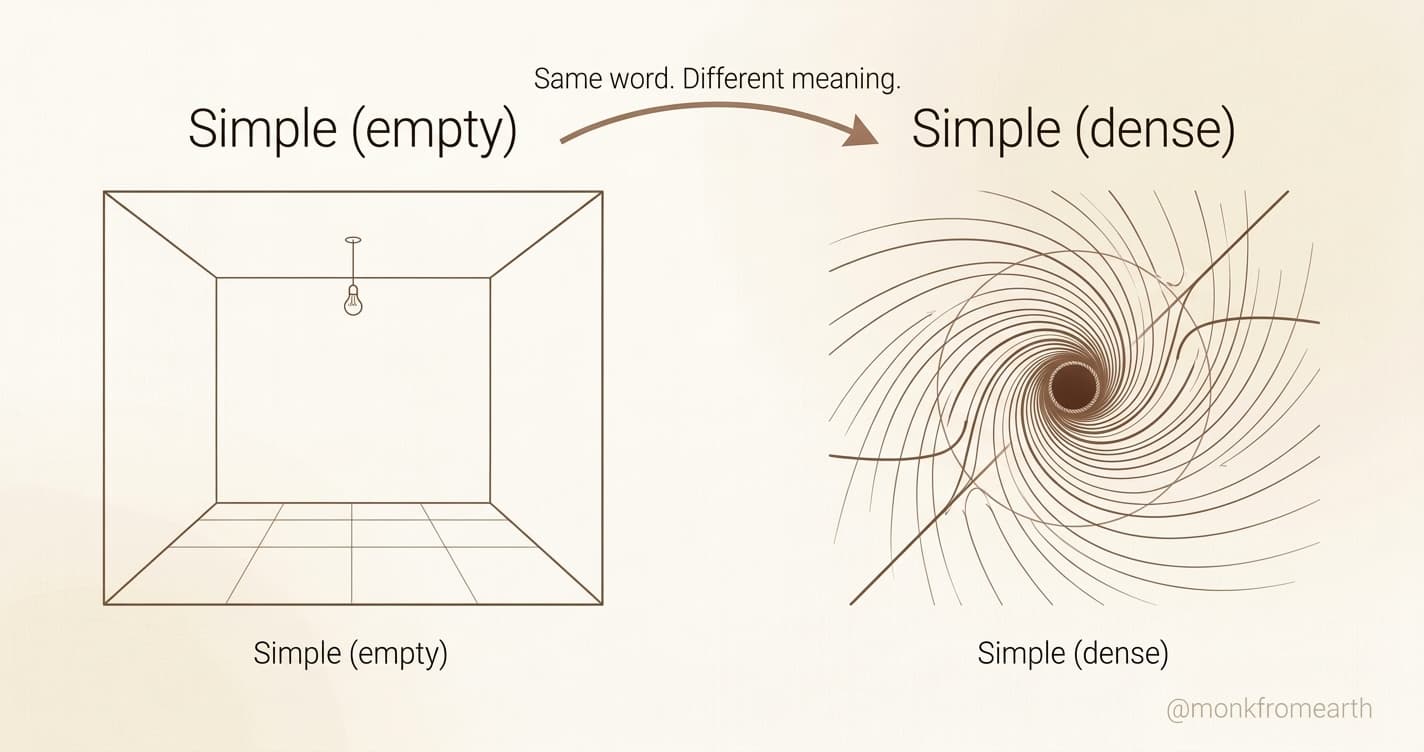 Simple (empty) vs Simple (dense): an empty room and a black hole. Same word, different meaning.