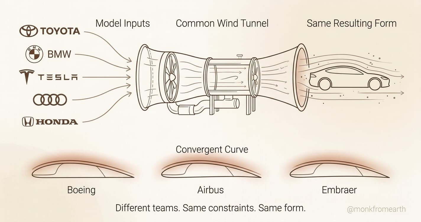 Different car brands through the same wind tunnel produce the same shape. Boeing, Airbus, Embraer wings converge on the same curve.