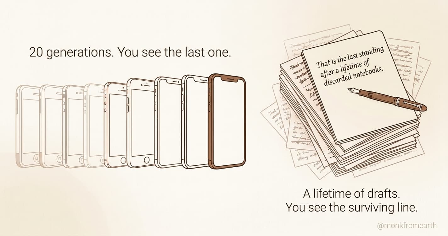 20 iPhone generations fading to the survivor. A lifetime of notebook drafts with one surviving line.