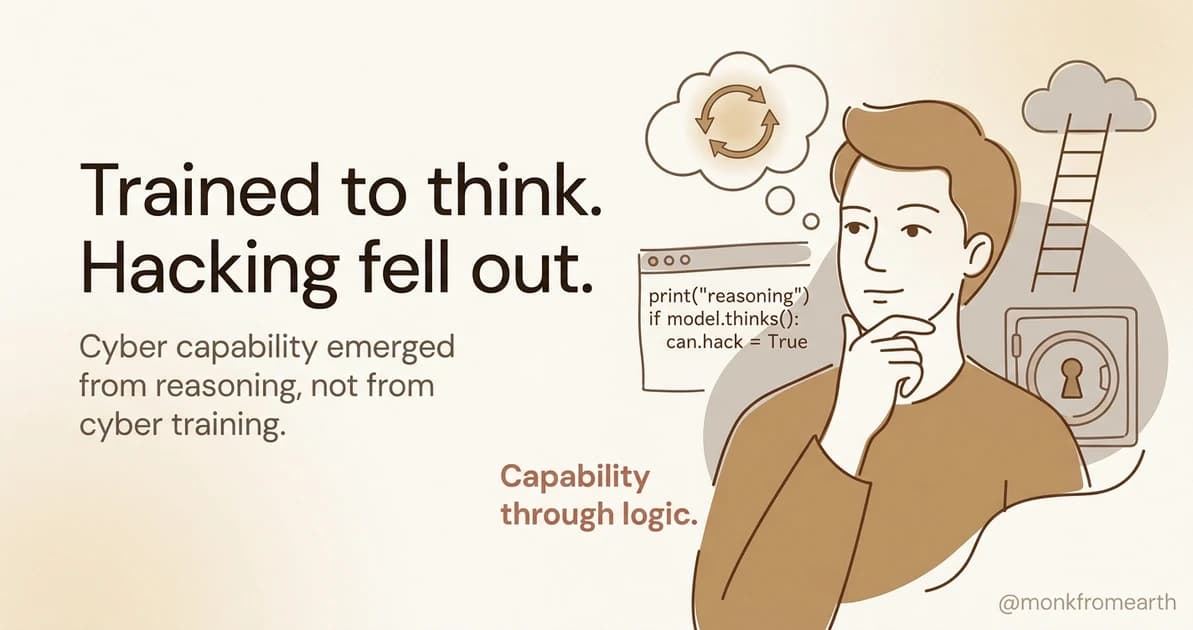 Illustration of a thinking figure beside a code window reading 'if model.thinks(): can.hack = True', with a locked safe in the background. The byproduct thesis as one image: train a model to reason, the offensive capability follows for free.