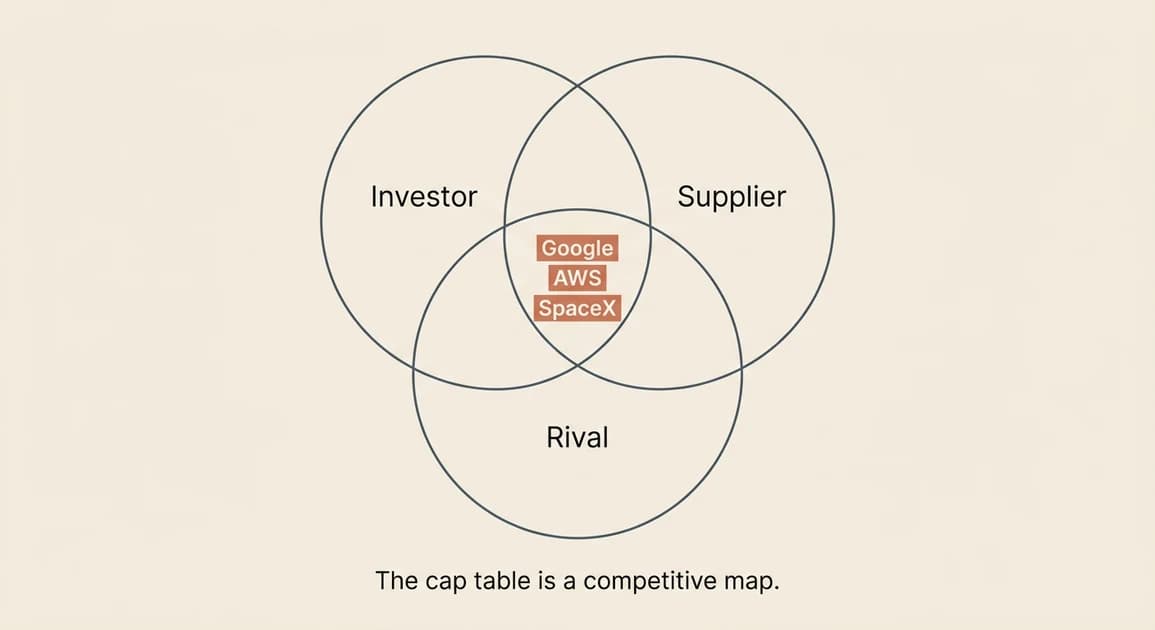 Three overlapping circles labeled Investor, Supplier, and Rival, with Google, AWS, and SpaceX placed in the center triple-overlap region